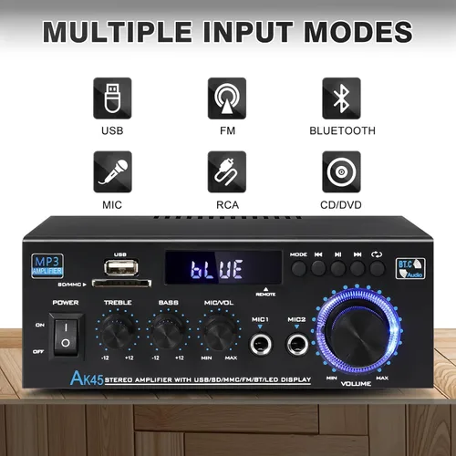 Miniatura 2 de AK45 - Amplificador de audio estéreo para el hogar con Bluetooth, 300 W, amplificador de potencia de 2.0 canales para sistema estéreo doméstico