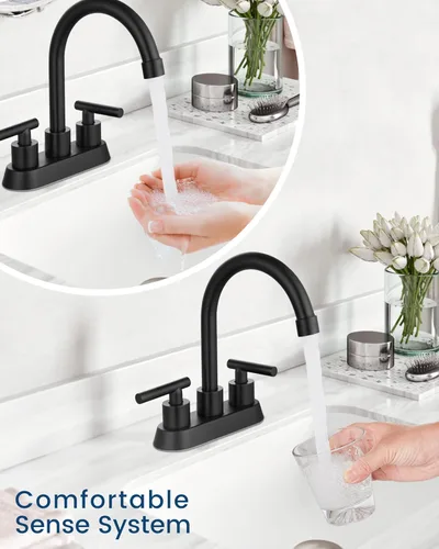 Miniatura 4 de Airuida Grifo de Lavabo de Baño Centrado de 4 Pulgadas – Grifo de Tocador de Acero Inoxidable de 2 Manijas con Desagüe Emergente, Líneas de Negro