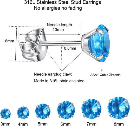 Miniatura 2 de Juego de 6 pares de aretes tipo dormilona hipoalergénicos con circonita cúbica de acero inoxidable 316L, 0.118-0.315 in
