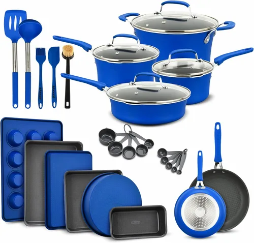 Juego de ollas y sartenes, 23 piezas de utensilios de cocina y repostería antiadherentes con patrón a cuadros, diseño apilable, apto para Azul