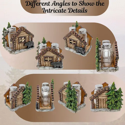 Miniatura 4 de BestGiftEver Juego de saleros y pimenteros con soporte, diseño de oso y cabaña para cocina estilo cabaña, decoración rústica de poliresina
