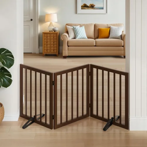Miniatura 21 de Puerta plegable negra para mascotas de 18-55 pulgadas para escaleras y puertas, valla de puerta para cachorros
