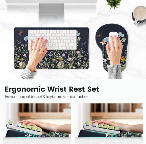 Miniatura 2 de Ospelelf Almohadilla Ergonómica para Mouse y Soporte con Reposamuñecas para Teclado, Comodidad de Espuma Viscoelástica, Alivio del Dolor para Flores