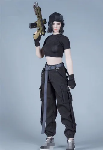 Miniatura 2 de Ropa femenina a escala 1/6, camiseta y pantalones, guante, cinturón, traje de disfraz para soldado de 12 pulgadas, figura de acción