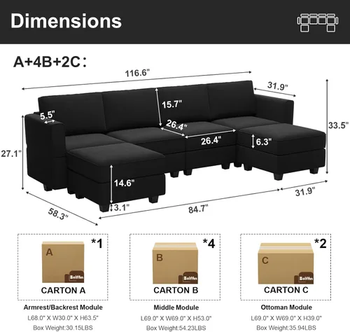 Miniatura 2 de Belffin Sofá modular en forma de U con tumbonas reversibles, de terciopelo, con asiento de almacenamiento, color negro