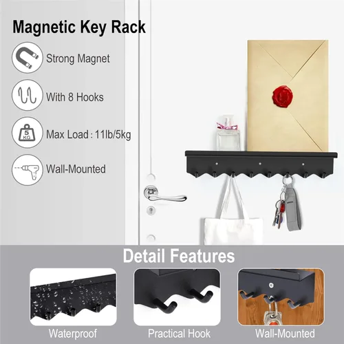Miniatura 3 de Volnamal Soporte de pared para llaves, ganchos magnéticos para llaves y bandeja organizadora de correo con 8 ganchos, colgador adhesivo para llaves