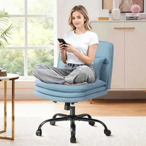 Furmax Silla de oficina con patas cruzadas con ruedas, asiento extra ancho sin brazos, silla de escritorio giratoria, altura ajustable, cómoda con