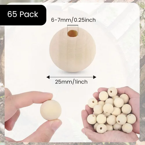 Miniatura 2 de BigOtters - 65 unidades de cuentas de madera natural sin acabado de 25 mm (1 pulgada), cuentas separadoras redondas para joyería DIY, decoración