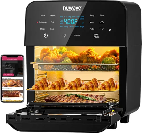 NuWave Brio 15.5Qt Horno y freidora de aire con asador, tamaño X-grande para familia, potente 1800W, 4 posiciones de parrilla, controles de