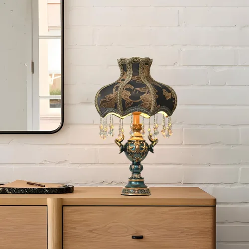 Miniatura 5 de Lámpara de mesa de estilo victoriano, lámpara de mesa decorativa de flores antiguas, luz de noche de tela azul, elegante lámpara de mesita de noche