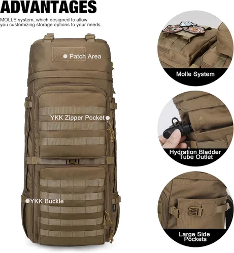 Miniatura 3 de Mardingtop Mochila militar con marco interno de 75L para hombres, mochila táctica Cordura con Recco para snowboard, senderismo, camping Caqui