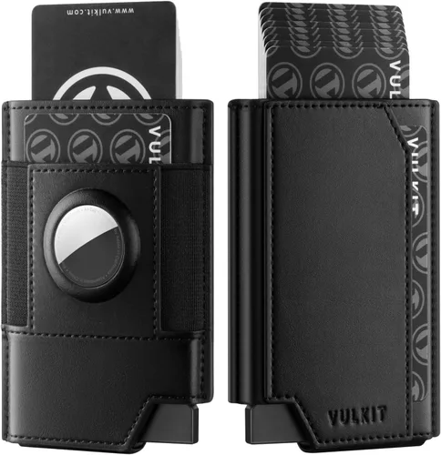 VULKIT Billetera Airtag para hombre, minimalista, con banda para dinero y soporte para AirTag, protección RFID, Negro -, Minimalista