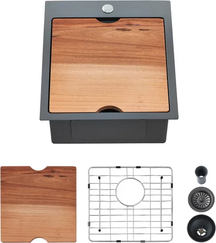 Miniatura 13 de Fregadero de cocina con plato individual con tabla de cortar, 30 x 22 x 10 pulgadas, color negro plomizo, acero inoxidable calibre 16 Negro
