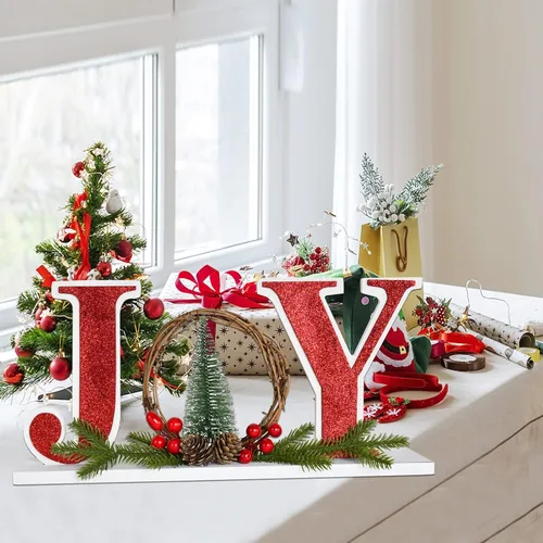 Miniatura 4 de Linfevisi Letrero de madera de Navidad con texto en inglés «Joy Christmas», letrero de madera con texto en inglés «Joy Block» para decoración