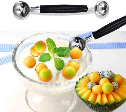 Miniatura 6 de Paquete de 2 cucharas de bola de helado de frutas de doble extremo, bola de melón de acero inoxidable, bolas de melón redondas lisas para sandía