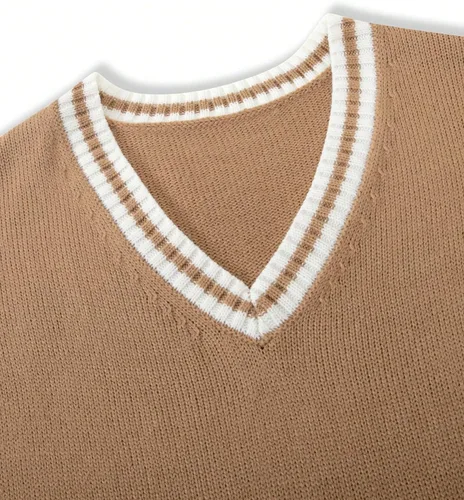 Miniatura 4 de GORGLITTER Chaleco de suéter sin mangas con cuello en V a rayas para hombre