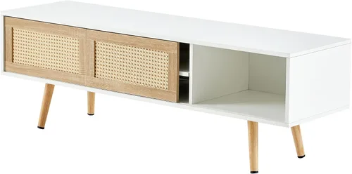 Miniatura 4 de Mesa auxiliar bohemia, mueble de TV moderno de 55 pulgadas, mesa de centro rectangular de madera con puerta corredera para almacenamiento, mesas