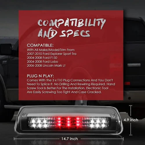 Miniatura 7 de 3ª luz de freno de montaje alto compatible con Ford F150 2004-2008, Ford Explorer Sport Trac 2007-2010, Lincoln Mark Third Center Cargo 2006-2008