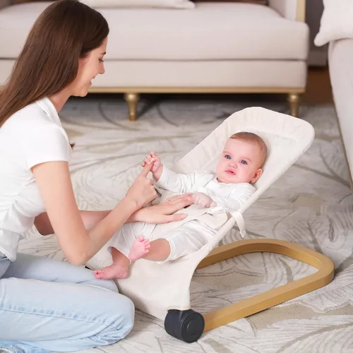 Miniatura 2 de Portabebés portátil y plegable con 3 ajustes de altura, gorila ergonómica para bebés de 0 a 6 meses, estilo de grano de madera, vibraciones Beige