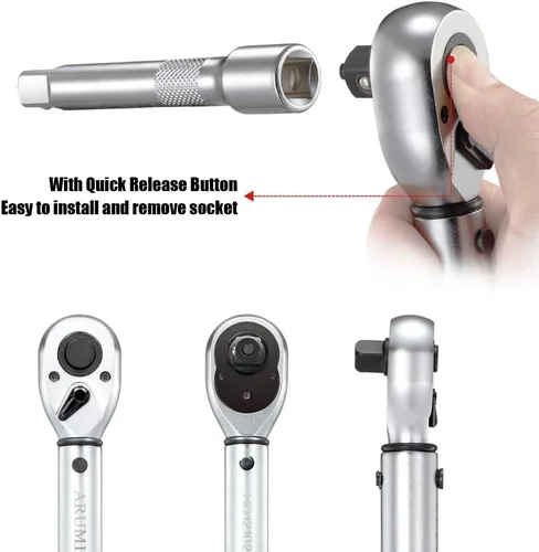 Miniatura 4 de Llave dinamométrica de clic de 1/2 pulgada (10-150 pies-libras/13.6-203.3 Nm) Juego de llave de torque ajustable de doble dirección
