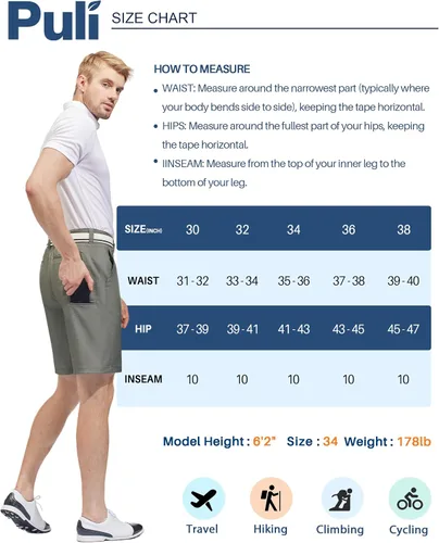 Miniatura 6 de PULI Vestido corto de golf elástico para hombre, de secado rápido, casual, ligero, frente plano, de 10 pulgadas, pantalones cortos híbridos