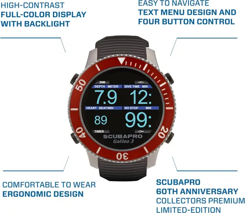 Miniatura 4 de SCUBAPRO G3 - Computadora de buceo de muñeca, edición del 60 aniversario con Bluetooth y pantalla a color estilo reloj, incluye caja