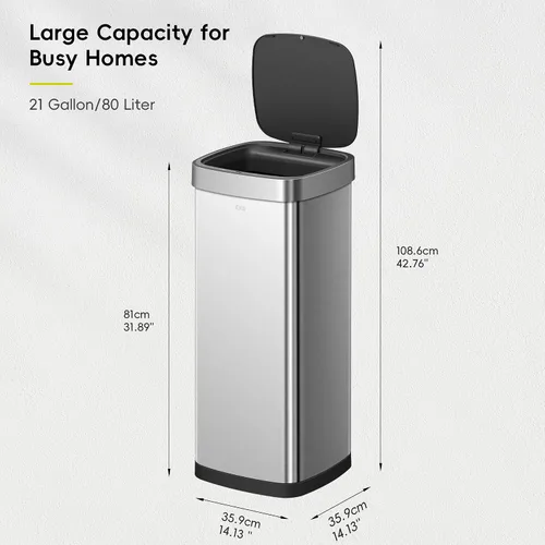 Miniatura 2 de EKO EcoSmart - Basurero de cocina alto y grande, 80L/21.1 G de alta capacidad, cubo de basura con sensor de movimiento cuadrado suave sin contacto