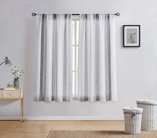 Miniatura 29 de Central Park Cortinas Transparentes de Rayas Beige y Blancas Estilo Granja de Lino Bouclé, Pares de Paneles de Cortina de Ventana Tejidos con Hilo