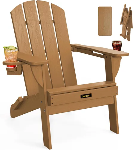 Miniatura 10 de Silla Adirondack Plegable, Sillas Adirondack de Plástico con Textura de Madera con 2 Portavasos, Silla para Hoguera de HDPE Resistente a