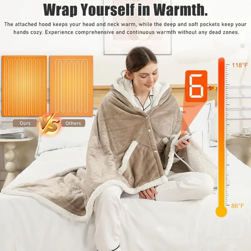 Miniatura 5 de COZYTY Manta eléctrica de chal con calefacción, envoltura térmica con bolsillos, 6 ajustes de calor y temporizador de apagado automático de 1-4