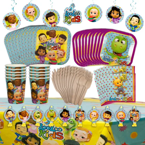 LooLoo Kids Party In-A-Box - Kit completo de decoración para cumpleaños, vacaciones y más. 7 calcomanías colgantes, 10 soplados, platos, mantel,