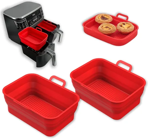 Miniatura 11 de Paquete de 2 sartenes plegables de silicona para freidora de aire para NINJA Foodi Dual de 8 y 10 cuartos, olla de cesta rectangular reutilizable