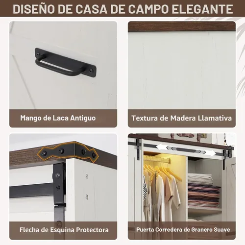 Miniatura 6 de Armario de guardarropa de granja con 4 puertas, armario de dormitorio con puerta corrediza plegable estilo granero y luces, armario de dormitorio