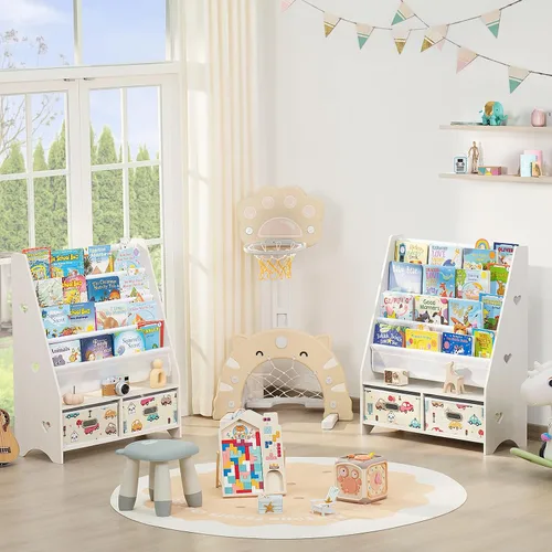 Miniatura 6 de Lerliuo Estantería infantil de 5 niveles, estante beige para libros con 2 cajones, estantería de madera para bebés y niños, estantes de exhibición