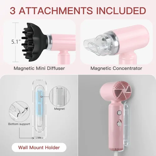 Miniatura 5 de Webeauty - Mini secador de pelo con difusor, motor de alta velocidad de 110,000 RPM, protección de iones negativos de 656.2 ft, ajustes de 3 Rosa