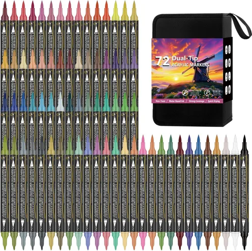 Marcadores de pintura acrílica de doble punta de 72 colores, impermeables, no tóxicos, sin olor, marcadores acrílicos y marcadores de pintura para