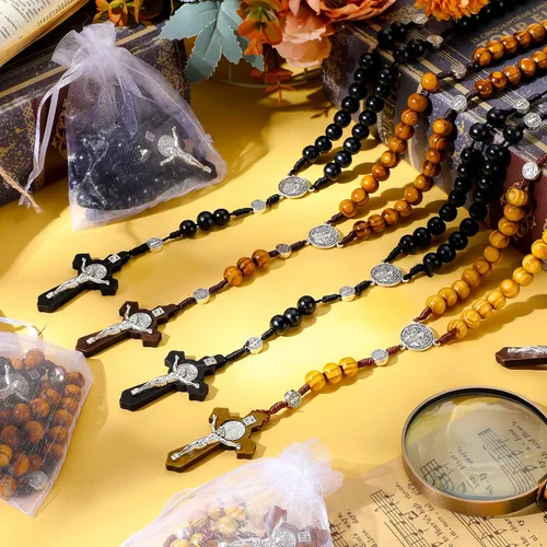 Miniatura 13 de Juego de 24 collares de rosario de cuentas de madera tallada con rosario católico con cruz de Jesús, cuentas de rosario de madera maciza con bolsa