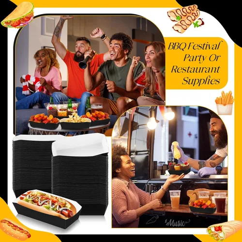 Miniatura 4 de Yeaqee 100 bandejas de papel de 7 pulgadas desechables para perros calientes, alimentos, nachos, botes para perros calientes, platos de comida Negro