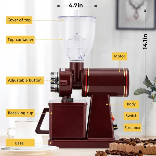 Miniatura 8 de Molinillo de café Burr – Molinillo eléctrico de espresso para uso doméstico y comercial, silencioso y ajustable, con tolva, cepillo, cuchara, rojo
