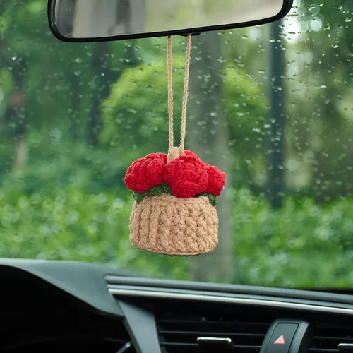 Miniatura 13 de Colgante de cactus de ganchillo para espejo retrovisor de automóvil, plantas peludas, adorno colgante para decoración del interior del automóvil