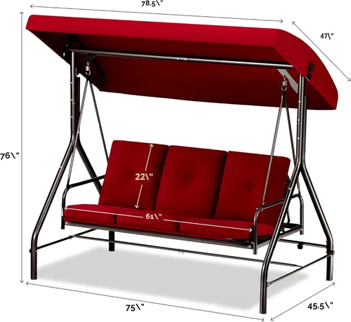 Miniatura 6 de Columpio para porche, columpio de 3 asientos para patio al aire libre con toldo para adultos, cama deslizante convertible, cojines gruesos