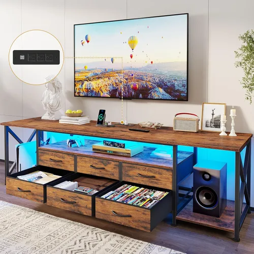 Miniatura 11 de BTHFST Soporte de TV con luces LED y tomas de corriente, para televisores de hasta 85 pulgadas, 6 cajones de tela, centro de entretenimiento