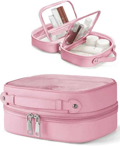 Miniatura 11 de Bolsa de Cosméticos Transparente de Doble Capa Bolsa de Artículos de Tocador de Viaje Estuche de Maquillaje Transparente con 4 Compartimentos, Bolsa