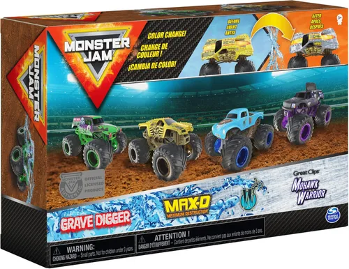 Miniatura 6 de Monster Jam, Official Reveal The Steel - Paquete de 4 camiones monstruo fundidos a presión que cambian de color, escala 1:64 (6058463)