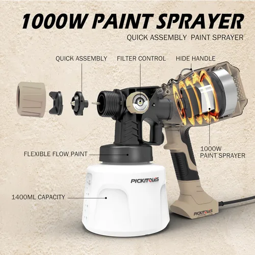 Miniatura 3 de Pulverizador de pintura HVLP de 1000 W, pistola eléctrica de alta eficiencia con 6 boquillas, patrones variables de flujo ajustable, contenedor