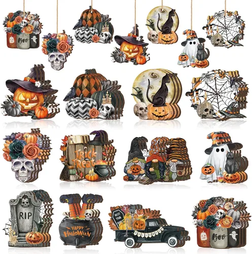 Huwena 36 adornos de madera de Halloween para árbol, fantasma, cráneo, gnomo, calabaza, recortes de madera con cuerdas, decoraciones de árbol de