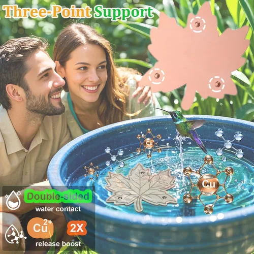 Miniatura 3 de Disco purificador de baño de pájaros de cobre puro 99.99%, diseño de hoja de arce, 0.024 in de grosor, limpiador de agua de soporte de triple punto