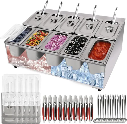 Miniatura 9 de Kalolary Estación de Almacenamiento para 8 Bandejas de Pizza con Tapas, Contenedores de Acero Inoxidable para Condimentos con Cucharas, Juego