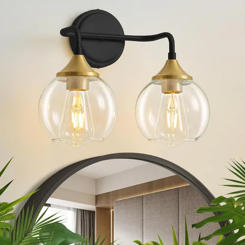 Miniatura 13 de Lámpara de Tocador de Baño Dorada con Pantalla de Vidrio Transparente, Base E26, Luminarias de Baño de 2 Luces Sobre Espejo, Luces de Tocador de 14