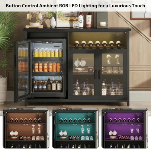 Miniatura 5 de Gabinete de barra de vino con espacio para mini refrigerador, gabinete de barra de café negro y gabinete de licores con estante de almacenamiento